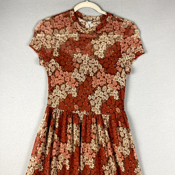 Whimsy Fairy Floral Mesh Dress Women Medium Sheer Pleated Midi Y2K Boho Peasant - Picture 2 of 16